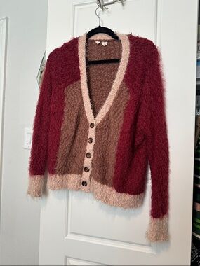 Moth Fuzzy Colorblock Button-Up Cardigan - Burgundy, Brown, Cream